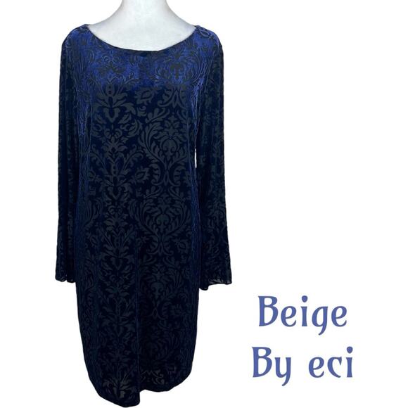 Beige by eci Midnight Blue Sheer Burnout Velvet Party Holiday Dress Size L - Picture 2 of 14